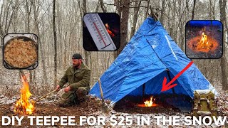 Solo Overnight Building a DIY Teepee For 25 In the Snow and Bacon Chicken Ranch Skillet [upl. by Weissman]