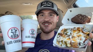 Slim Chickens Loaded Fries Brownie Strawberry Chocolate Chip Shake and Raspberry Lemonade Review [upl. by Barimah827]