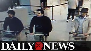 Three suspects for Brussels attacks seen in airport surveillance footage [upl. by Ovida]