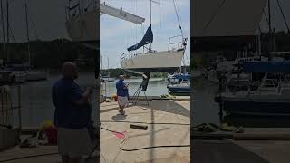 Lifting a 7800 J105 out by a single strap sailing life boatfails [upl. by Ettennahs]