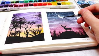 EASY WATERCOLOR PAINTING IDEAS FOR BEGINNERS Watercolor Silhouette Paintings [upl. by Hibben]