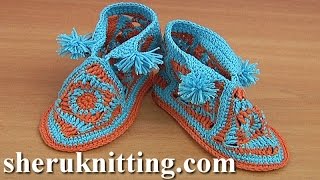 How to Crochet Square Motif Booties Tutorial 42 Part 2 of 2 Chausson pour bébé [upl. by Livia]