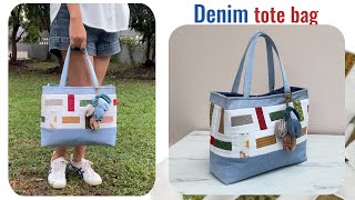 How to sew denim tote bag tutorial from jeans scrap  DIY tote bag  Denim project  Patchwork bag [upl. by Aneel]