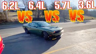 Dodge Challenger HELLCAT 62L Vs SCAT PACK 64L Vs RT 57L Vs 36L V6 [upl. by Assenal115]