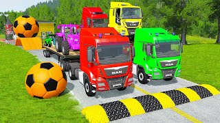 Double Flatbed Trailer Truck vs Speedbumps Train vs Cars  Tractor vs Train BeamngDrive 035 [upl. by Vil]