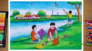 Makar Sankranti Drawing  Kite Festival Drawing  How To Draw A Scenery Of Flying Kites Step By Step [upl. by Son]