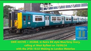 SWR 455705  455868 in Retro BR style BlueGrey livery calling at West Byfleet on 190924 [upl. by Alexei]