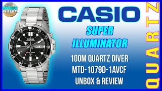 Blinded By The Light  Casio Super Illuminator 100m Quartz Diver MTD1079D1AVCF Unbox amp Review [upl. by Aivekahs953]