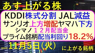 あす上がる株 2024年１１月５日（火）に上がる銘柄。KDDIが株式分割、JALは減益、利回り182登場。サンリオ上方修正増配、ヤマハ下方修正。～最新の日本株情報。高配当株の株価やデイトレ情報～ [upl. by Clercq]