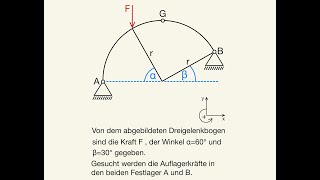 Dreigelenkbogen Auflagerkräfte berechnen 4 Auflagerreaktionen zwei Festlager A und B und Gelenk G [upl. by Amalberga]