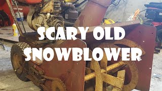 Old Steam Punk snow blower start up Old chain drive 1960s Lambert Rusty as Titanic wreck [upl. by Ecurb64]