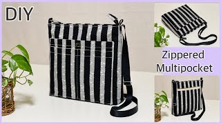 ポケットいっぱいクロスボディーバッグ作り方ZipperedMultipocket CrossBody Bag Easy Sewing Tutorials Diy [upl. by Lemak]