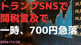 トランプSNSで関税言及で一時、700円急落 １期目のトランプ大統領時代のTwitterでマーケットがバタバタするのを思い出させられた1日・・・ [upl. by Rahel]