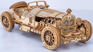 Satisfying Build ROBOTIME V8 Grand Prix Car MC401 3D Wood Model Assemble  Wooden Puzzle [upl. by Yaakov]