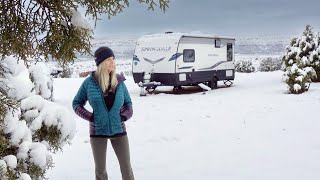 HUNKERING DOWN IN A SNOW STORM Cozy in my Trailer  Living in a Travel Trailer  Winter Camping [upl. by Addis189]