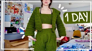 Crocheting an Outfit in ONE DAY 😱 chunky hooded cardigan high waisted shorts cropped top [upl. by Derinna]