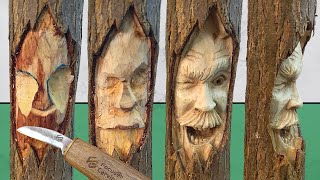 How to EASILY CARVE a funny WOODSPIRIT face sculpture in green wooden stick step by step tutorial [upl. by Avrenim]