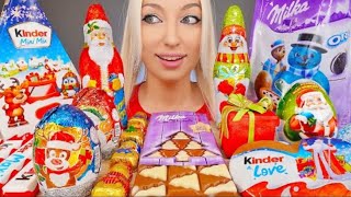 Jella ASMR Christmas chocolate Kinder Santa milka Oreo cookie candy Mukbang bites only [upl. by Pricilla]