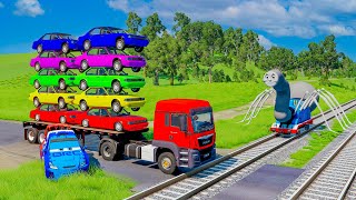 Double Flatbed Trailer Truck vs Speedbumps  Train vs Cars  Tractor vs Train  BeamNGDrive [upl. by Thia109]