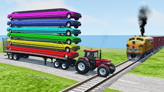 Double Flatbed Trailer Truck vs Speedbumps Train vs Cars  Tractor vs Train BeamngDrive 050 [upl. by Atinej548]