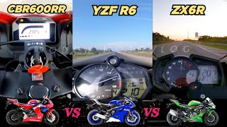 Honda CBR600RR 🆚️ Yamaha YZF R6 🆚️ Kawasaki ZX6R  Top Speed Attempt 🔥r6 zx6r cbr600rr [upl. by Ielak]