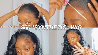 60 SYNTHETIC LACE FRONT WIG INSTALL FLAWLESS [upl. by Madda]