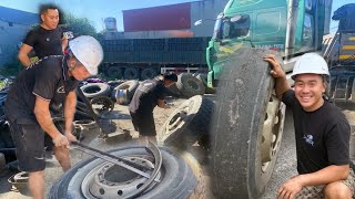 Repair and rescue heavy tractor trailer with damaged tire daily work  Nam repair car [upl. by Chak]