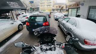 Snow ride in the city of Athens VStrom 650 XT on Bridgestone Battlax Adventure A41 [upl. by Pirnot734]