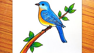 Easy Bird Drawing How to Draw a Bird Eastern Bluebird Drawing Bird on Tree Drawing [upl. by Yelnoc379]