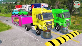 Double Flatbed Trailer Truck vs speed bumpsBusses vs speed bumpsBeamng Drive1006 [upl. by Nalyad]