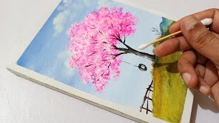 How to paint pink cherry blossom tree  acrylic painting for beginners tutorial  step by step [upl. by Mchenry]