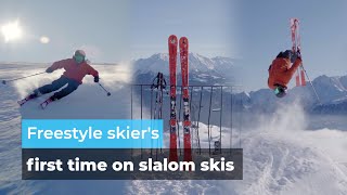 Freestyle Skiers First Time on Slalom Skis [upl. by Arbas348]