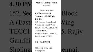 Savista hiring Medical Coding Fresher [upl. by Eeldarb350]