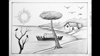 How to draw a very easy river side village scenery drawing with pencil [upl. by Ellasal]