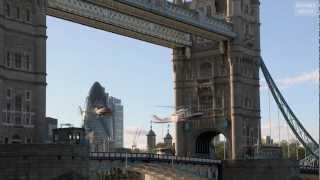 London 2012 Olympics helicopters fly through Tower Bridge [upl. by Zeta493]