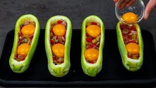 Mon déjeuner préféré  4 courgettes farcies au lard champignons et œufs au four [upl. by Tollmann]