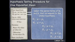 Lesson 33  Hypothesis Testing Procedure for One Population Mean [upl. by Ecidna330]