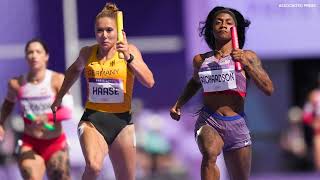 WATCH ShaCarri Richardson saves US womens 4x100m relay from collapse at Paris Olympics [upl. by Anelad]