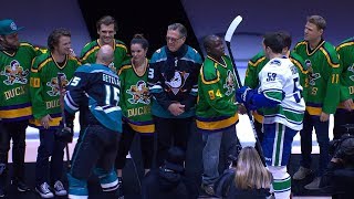 Cast of The Mighty Ducks drop ceremonial puck in Anaheim [upl. by Dianna]