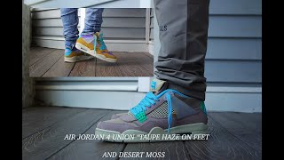 AIR JORDAN 4 quotUNION quotTAUPE HAZEquot AIR JORDAN 4 UNION DESERT MOSS BOTH PAIRS ON FEET [upl. by Genevieve]