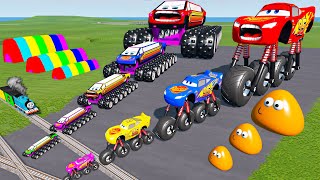 Big amp Small Cybertruck Monster Truck Lightning McQueen VS SpiderMan Trains  BeamNGDrive [upl. by Columbus]