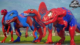 SPIDERMAN Dinosaurs in Jurassic World SuperHero Dinosaur Battle Video [upl. by Anirbac]