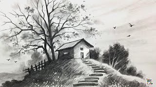 How to draw a House on Hill in Landscape Art [upl. by Molli674]