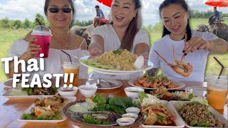 Thai FOOD Feast Family Mukbang at Beautiful Elephant Cafe Rice Field  NE Lets Eat [upl. by Ocram]