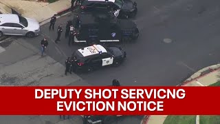 Alameda County sheriffs deputy shot while serving eviction suspect at large [upl. by Ingra]