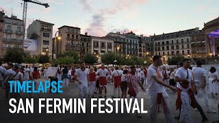 San Fermin Festival in the Plaza De Castillo  Pamplona Timelapse at Dusk [upl. by Nosnej]