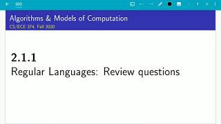 UIUC CS 374 FA 20 211 Regular languages review questions [upl. by Barnard]