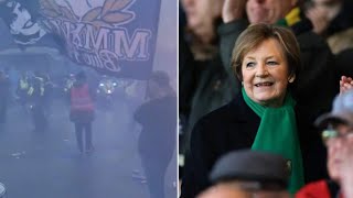 Delia Smith looks shaken after yobs hurl cans and flares at her car as she arrives for Ipswich v [upl. by Akeemaj]