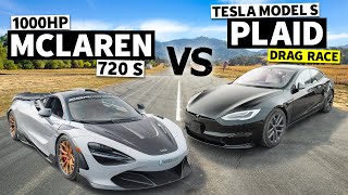 1000hp McLaren 720S vs Tesla Model S Plaid Drag Race [upl. by Notsirhc466]