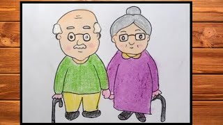 Grandparents Drawing  How To Draw Grandparents Easy For Beginners  Grandma Grandpa Drawing [upl. by Candida]